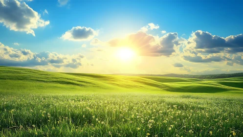 Sunlit hills breathe in rolling waves of green morning