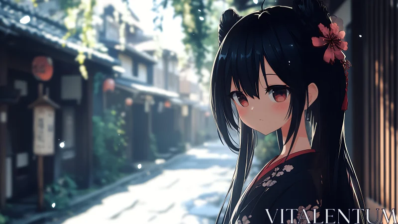 Kimono girl stands in sunlit traditional alleyway street.