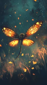 Luminous dragonfly drifts through a glowing twilight meadow.