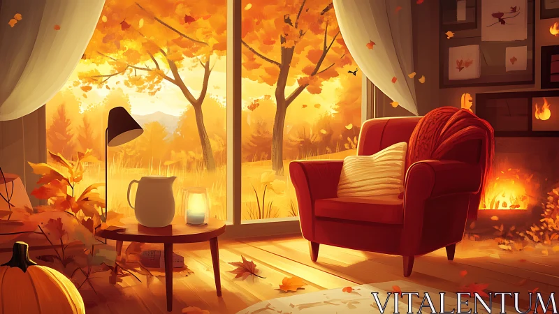 Cozy autumn reading nook glows with warm golden light