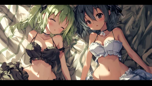 High-detail anime rendering of two girls resting on bed
