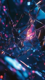 Shimmering shards of glass glow in neon pink and blue light