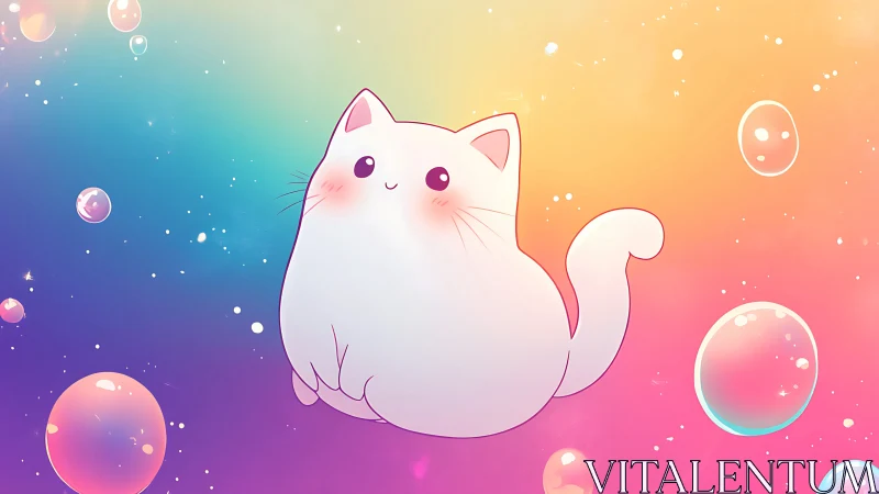 Chubby White Cat Among Floating Bubbles in Gradient Sky.