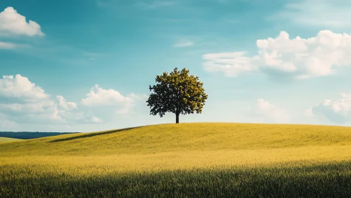 Solitary deciduous tree on wind-shaped cereal hillside under cumulus sky.