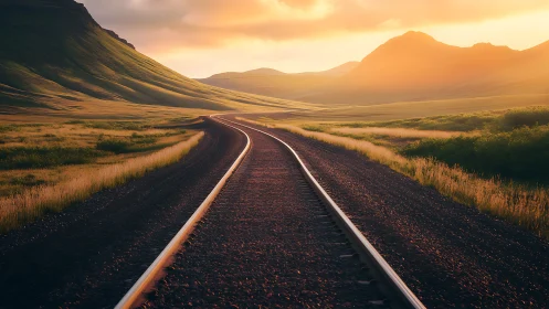 Sunlit country rails winding gently toward distant hills.