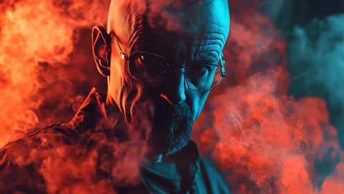 Bald male figure in glasses amid dense colored smoke.