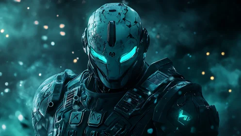 Shattered teal combat android under swirling nebula glow.