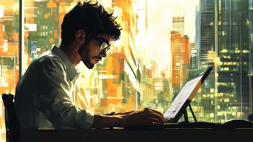 Young designer works at tablet in glowing urban sunset studio