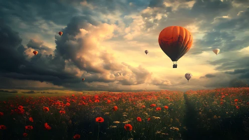 Hot air balloons drift over glowing poppy fields at dusk