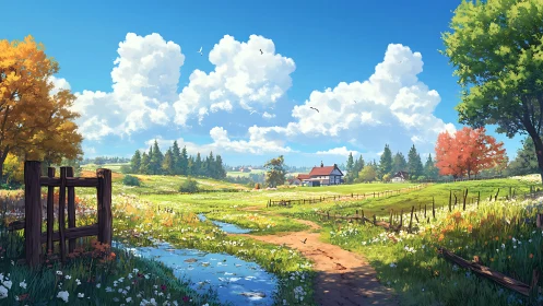 Rural dirt path crosses flowering meadow toward distant houses