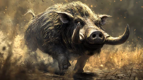 Dynamic wild boar charge in dust-laden cinematic backlight.