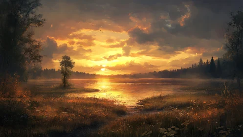 Golden lake sunset gently warms a quiet autumn shoreline