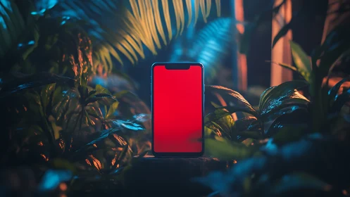 Neon smartphone with red screen glowing in lush jungle night.