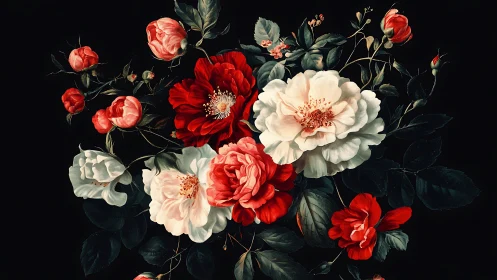 Floral botanical arrangement with red and white peonies on dark background