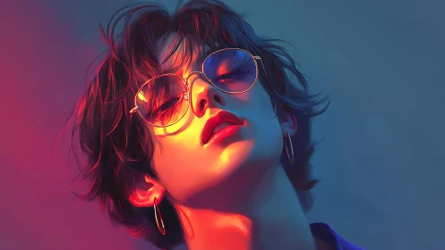 Stylized portrait with neon lighting and tinted glasses.