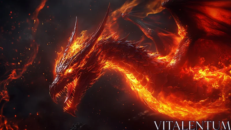 Flaming dragon in side profile amid embers and darkness.