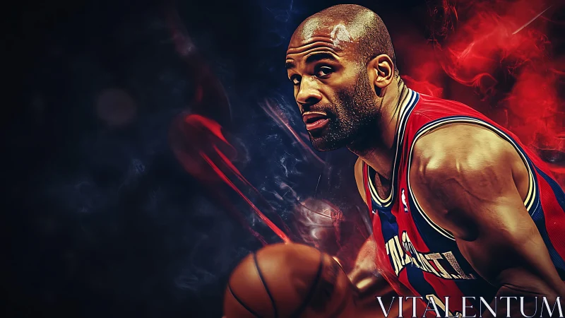 Basketball player in red jersey with abstract smoke background.