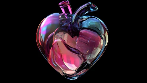 Futuristic Glass Heart Sculpture with Neon Lighting Effects.