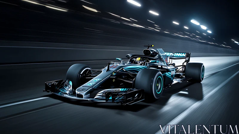 Futuristic F1 race car charges through a neon lit night circuit