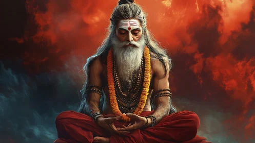 Elderly ascetic in seated meditation against fiery clouds.