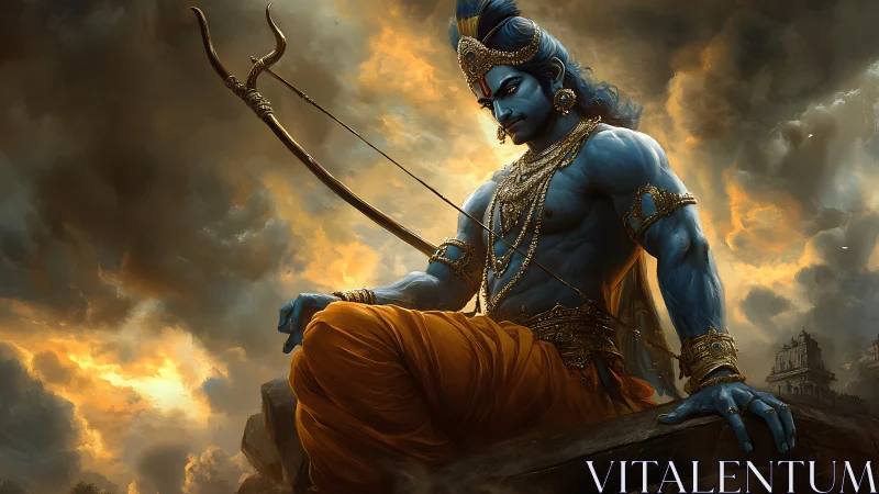 Dramatic deity archer rendered with volumetric clouds and rim light