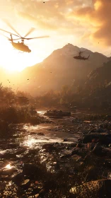 Combat helicopters cross sunlit mountain river valley at dusk