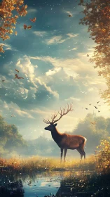 Cinematic digital stag in atmospheric crepuscular forest wetland.