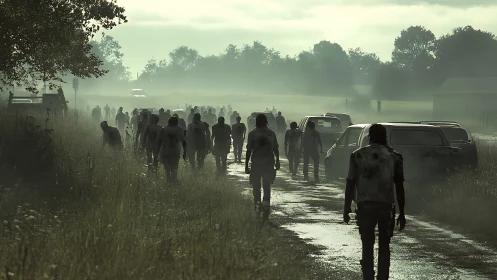 Zombie horde walking down foggy rural road at sunrise.