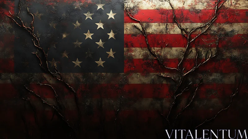 Weathered US flag with branching organic cracks overlay.