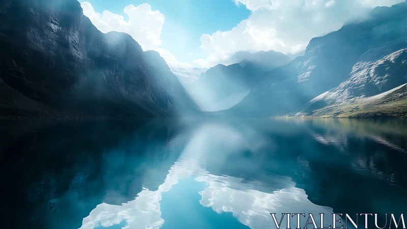 Glacial mountain lake captures symmetrical reflection in diffuse light