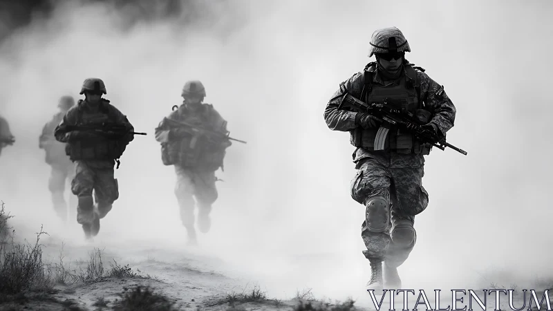 Tactical infantry squad advancing through dense battlefield smoke