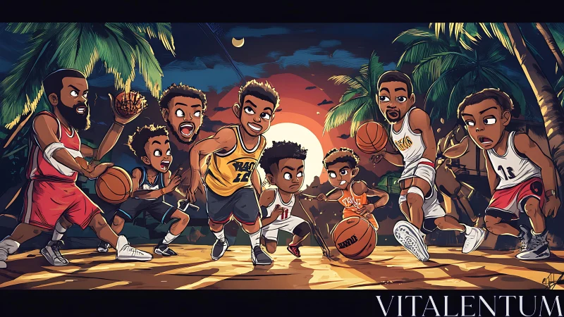 Sunset island street basketball with stylized cartoon players.