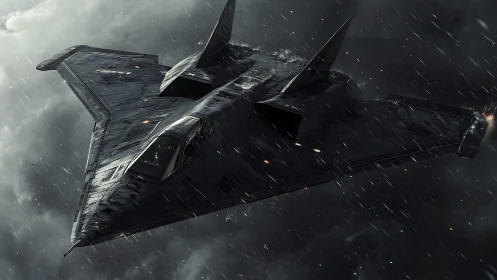 Stealth aircraft traverses stormy sky under angled rainfall