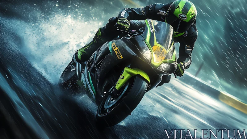 Racing motorcycle leaning hard into wet track corner at speed.