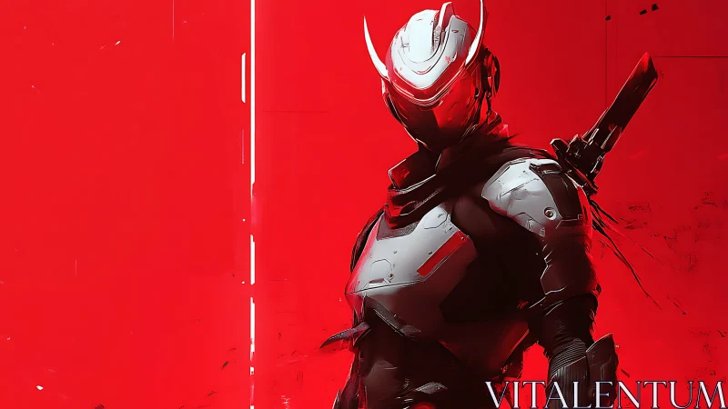 Crimson Circuit Ronin poised in neon-slashed silence.