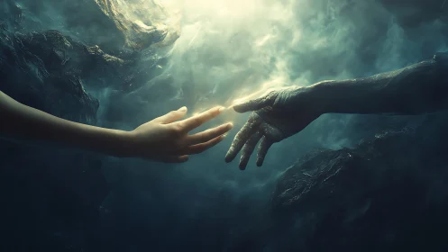 Digital painting of human and ethereal hand nearing contact.