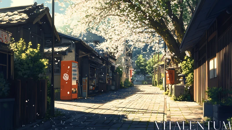 Sunlit cherry blossom lane in a quiet Japanese village.