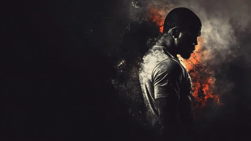 Silhouetted athlete emerges from fiery abstract smoke field
