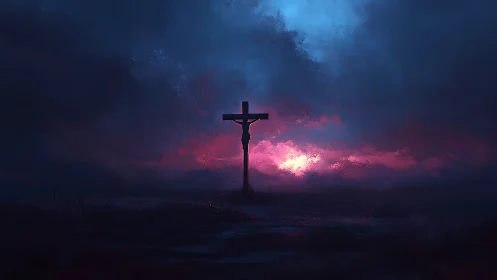 Crimson storm horizon crowns a lone crucifix silhouette.