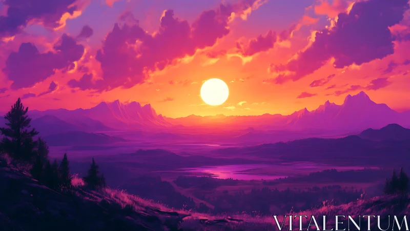 Sunset glow over tranquil valleys and distant violet peaks.