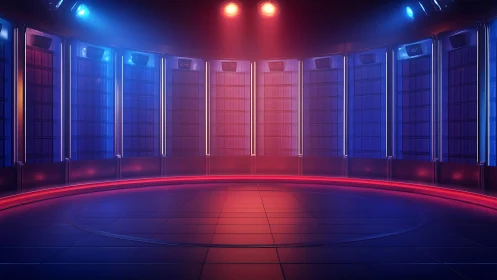 Cylindrical neon data chamber with circular platform lighting.