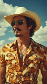 Man in patterned shirt and cowboy hat stands under daylight sky