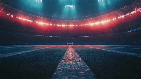 Floodlit futuristic stadium pitch with distant lone goalpost.