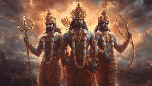 Three armed deities in ornate attire before luminous sky.