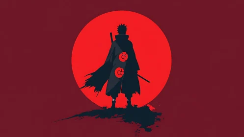 Lone anime warrior silhouetted against a bold red moon.