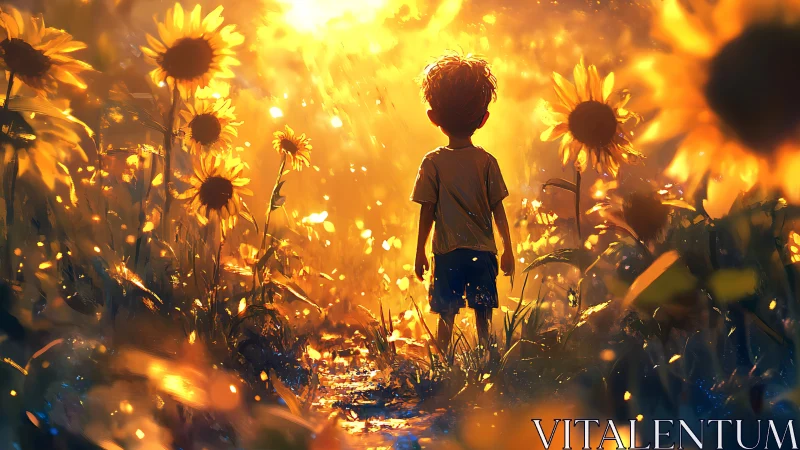 Child stands in glowing sunflower field under intense sunset light