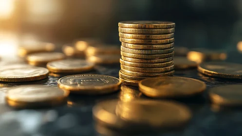 Stacked gold coins under directional warm lighting on glossy surface