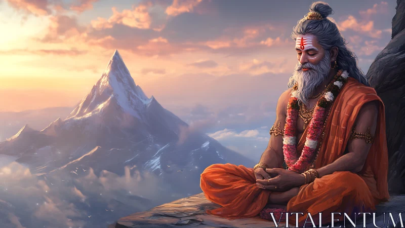 Hermit in orange robes sits before isolated snow peak