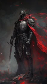 Midnight knight in ember-lit armor holding quiet resolve.