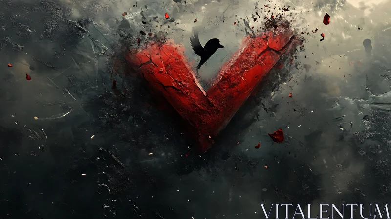 Broken red heart shard with black bird in dark stormy void.